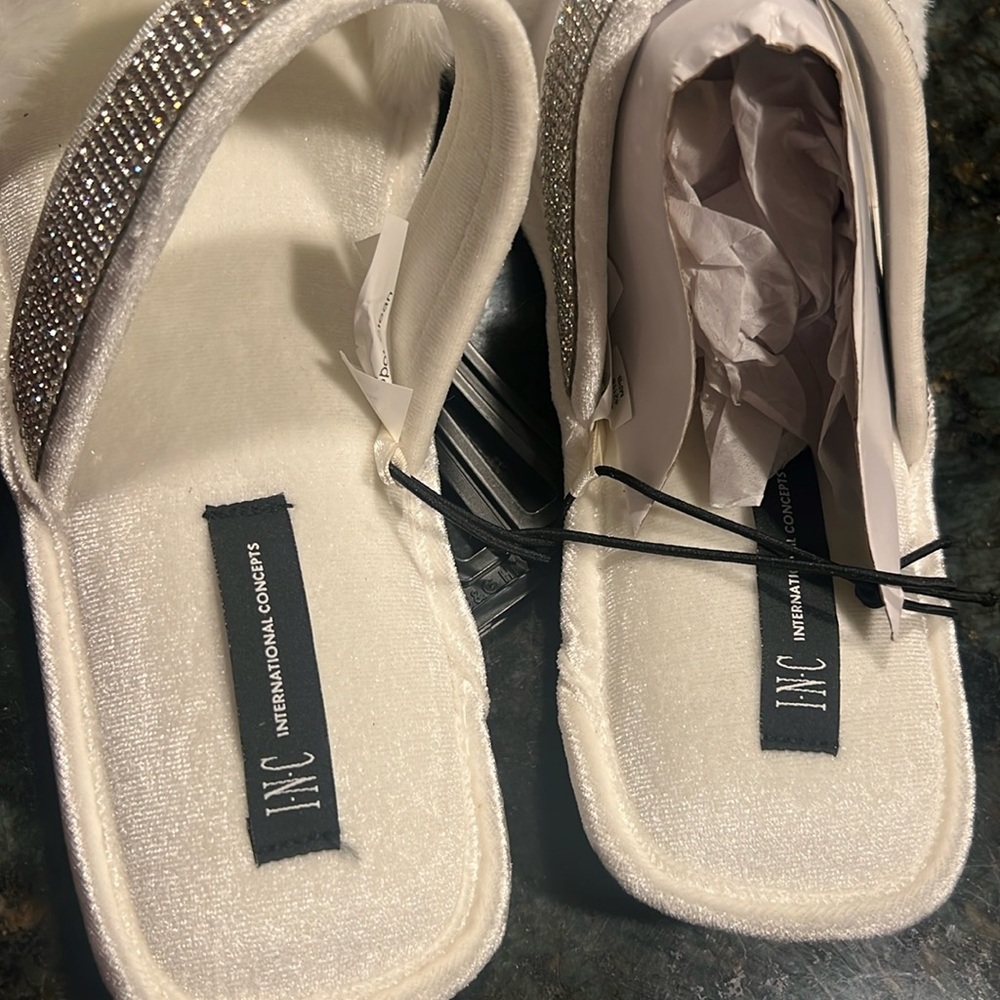 INC International Concepts White Faux Fur Slide Slippers with Rhinestone Strap - Picture 3 of 4